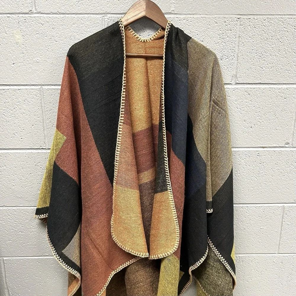 Women Multicolor Poncho Cape Wrap Shawl Knit Bohemian Fringe Fall Winter OS